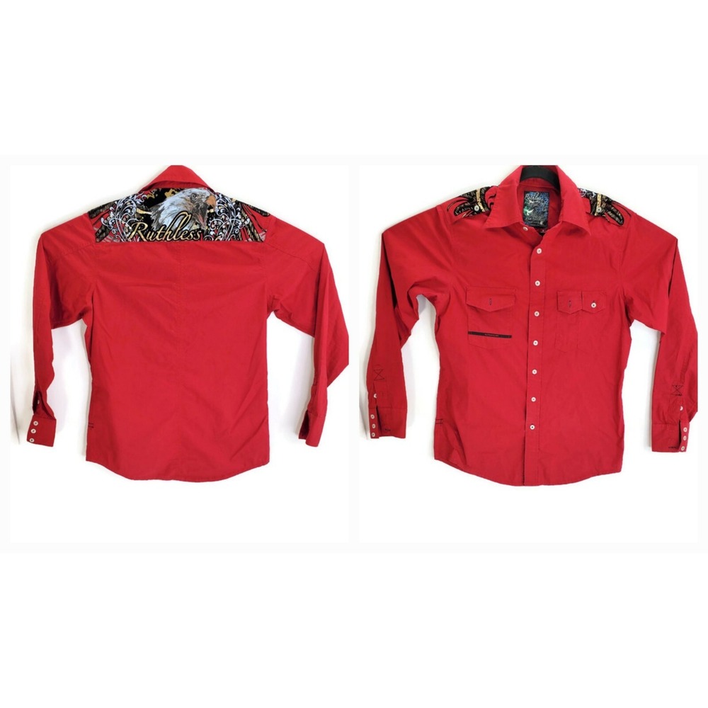 Ruthless Art Mens Red Long Sleeve Button Up Shirt Medium Embroidered Eagle Art